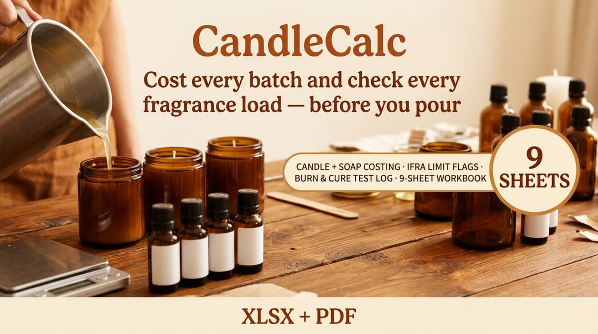 CandleCalc — Candle & Soap Batch Cost, Fragrance Load & IFRA Compliance Sheet — product cover