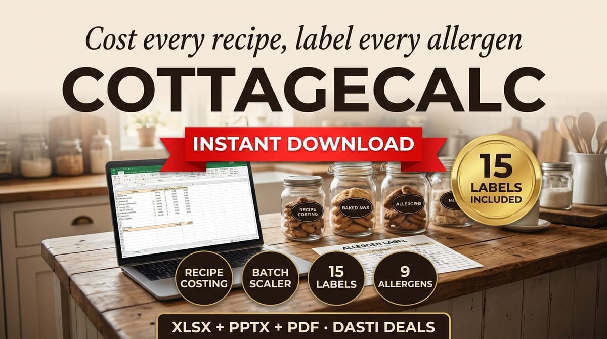CottageCalc — Home Bakery Costing, Batch Scaling & Allergen Labels — product cover