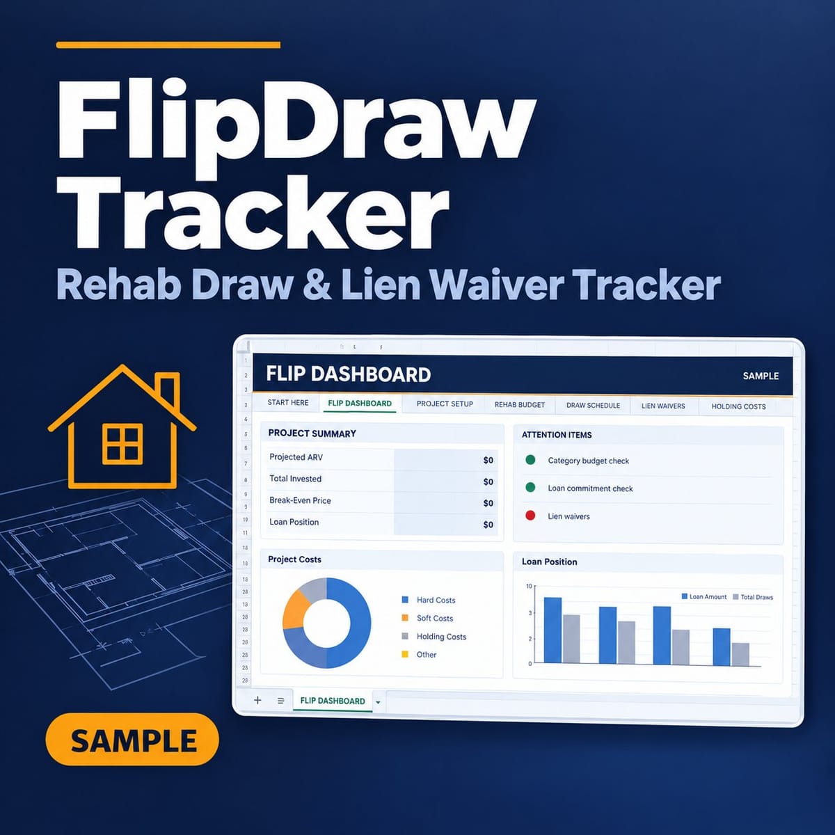 FlipDraw Tracker — House Flip Rehab Draw Schedule & Lien Waiver Tracker — product image